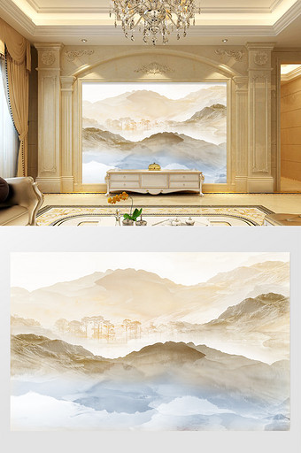 高清3D大理石纹山水花日出背景墙风情桃源图片
