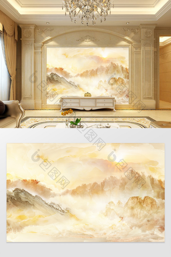 高清3D大理石纹山水花日出背景墙云脉印象