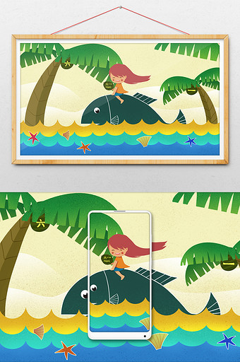 温馨绿色地中海风情鲸鱼女孩海洋六一节插画图片