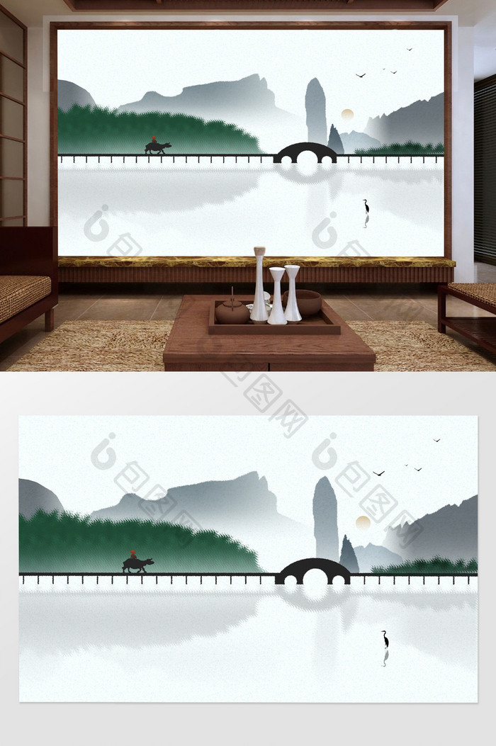新中式简约插画意境山水电视背景墙