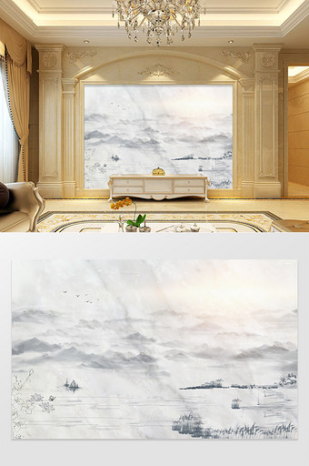 高清3D大理石石纹高山日出云雾电视背景墙图片