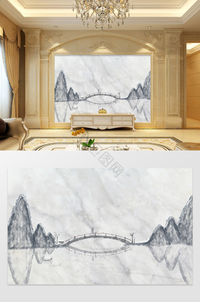 高清3D大理石石纹高山小桥电视背景墙图片