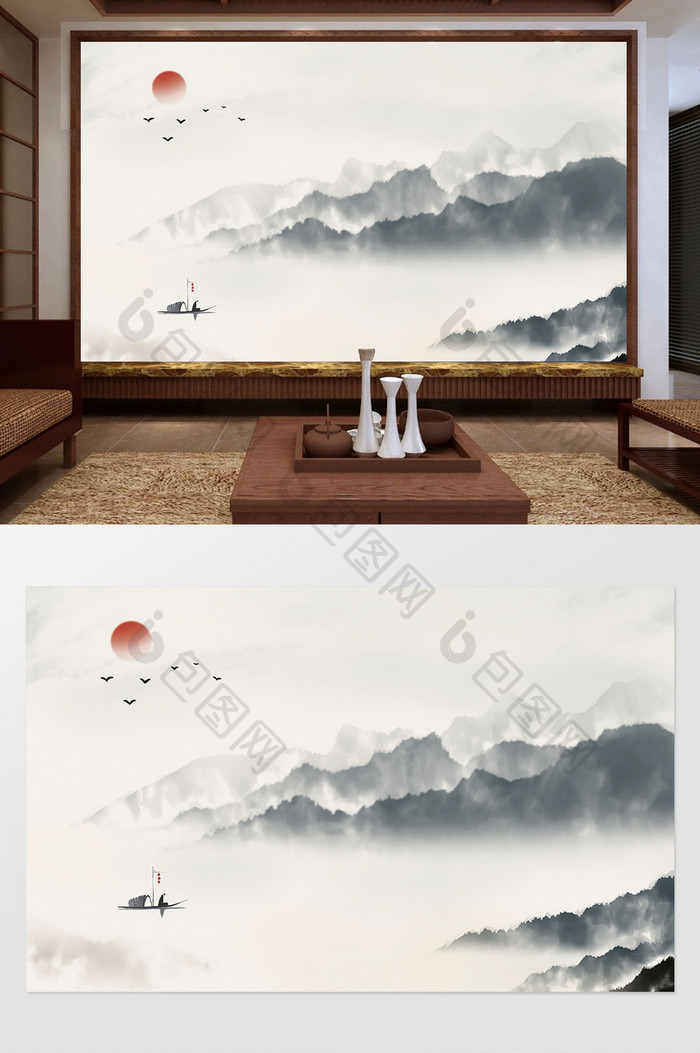 中式手绘抽象山水画背景墙