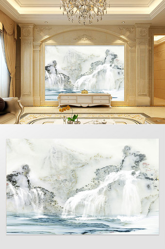 高清3D大理石纹山水花日出背景墙画仙境图片