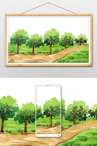 绿色夏日手绘树林风景清新水彩背景素材图片