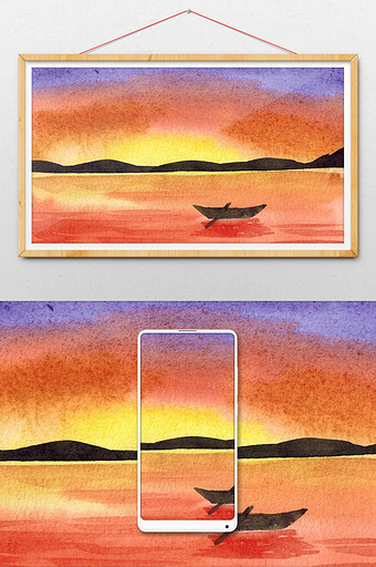 清新夏日背景海边风景水彩红色手绘背景图片