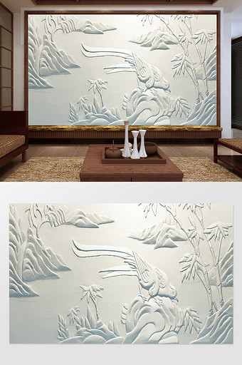 中式3D浮雕花鸟假山立体电视背景墙图片