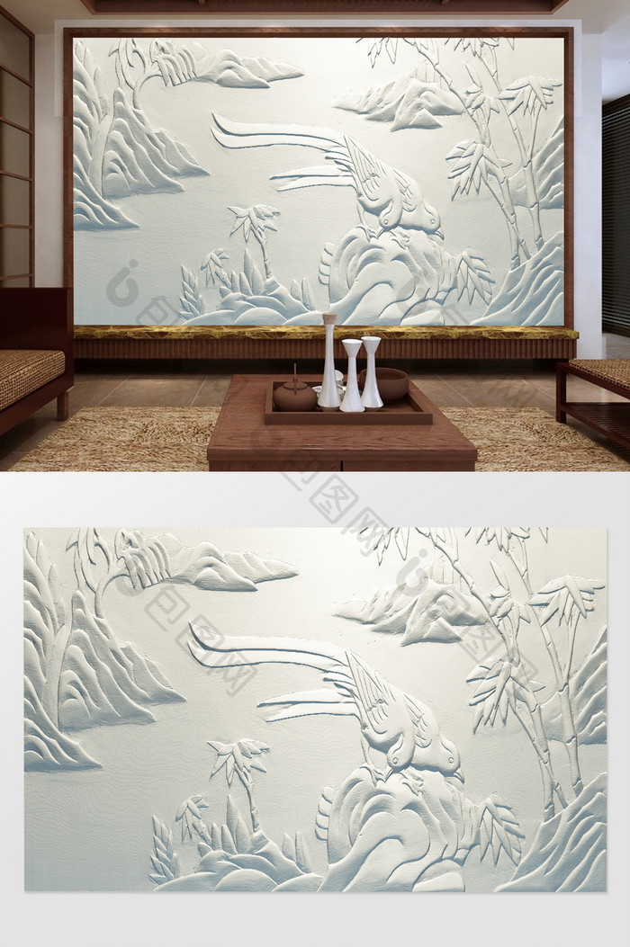 中式3D浮雕花鸟假山立体电视背景墙