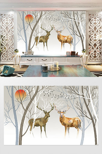 北欧风格麋鹿抽象树背景墙图片