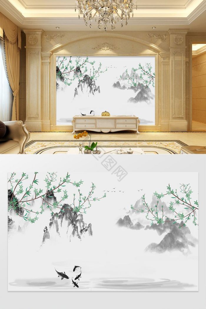 中式意境花鸟电视背景墙图片
