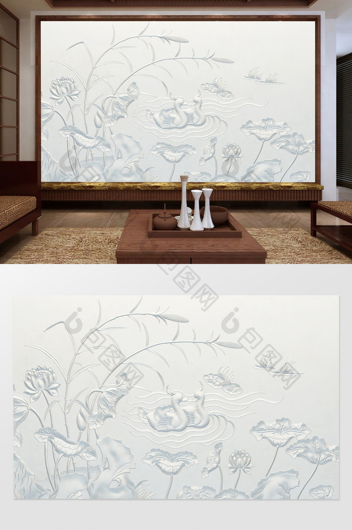 中式3D浮雕荷塘鸳鸯戏水石膏雕画电视背墙