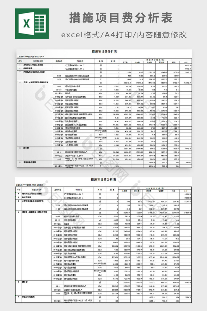 措施项目费分析表excel模板