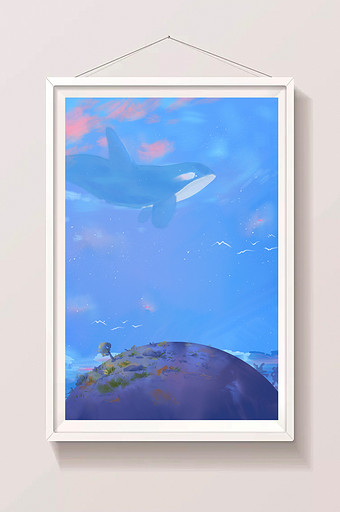 水彩手绘唯美蓝色地球天空鲸鱼图片