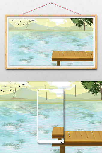 水彩手绘夏日河边风景图片
