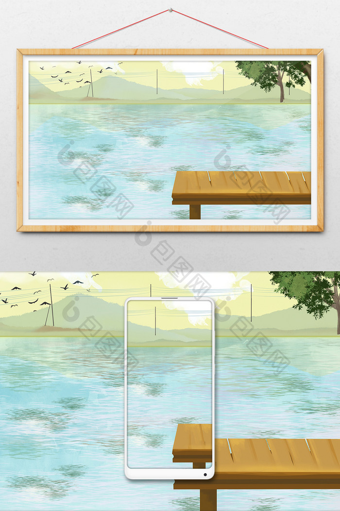 水彩手绘夏日河边风景