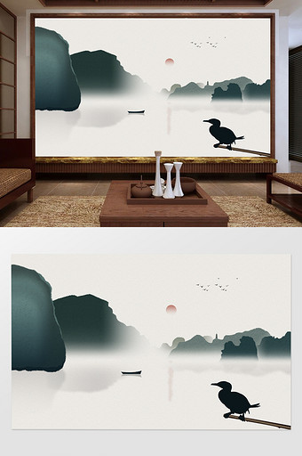 中式简约山水创意剪影候鸟电视背景墙图片