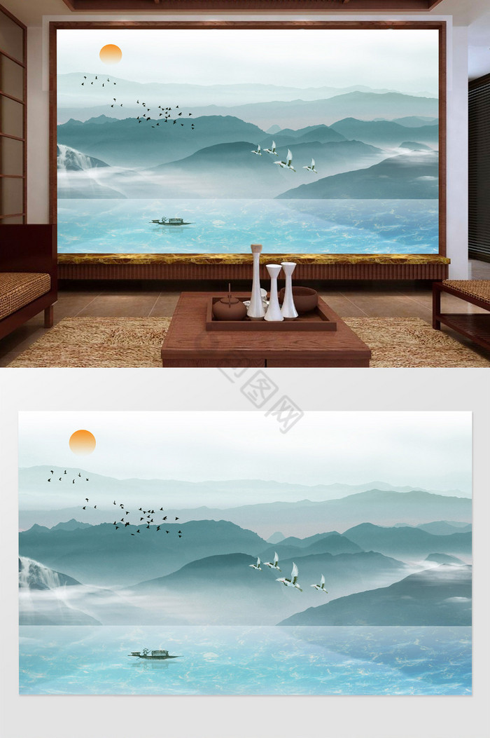 中式云雾山水意境电视背景墙图片