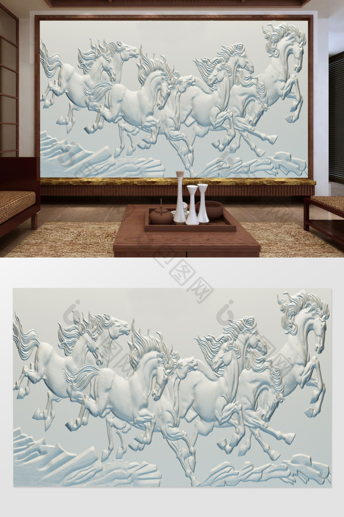 包图网提供精美好看的3d八骏奔马浮雕电视背景墙素材免费下载,本次