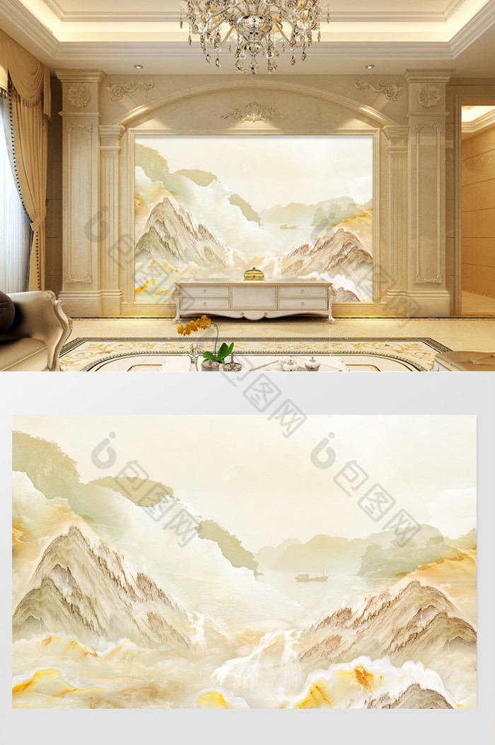 高清3D大理石纹山水花日出背景墙新远山幻图片图片