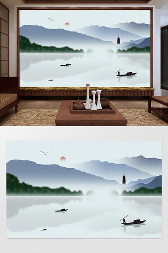 中国风夕阳垂钓简约抽象电视背景墙图片