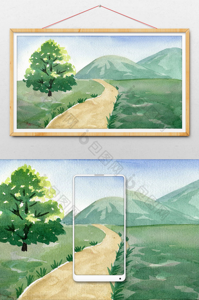 绿色清新小路山路山水水彩手绘背景