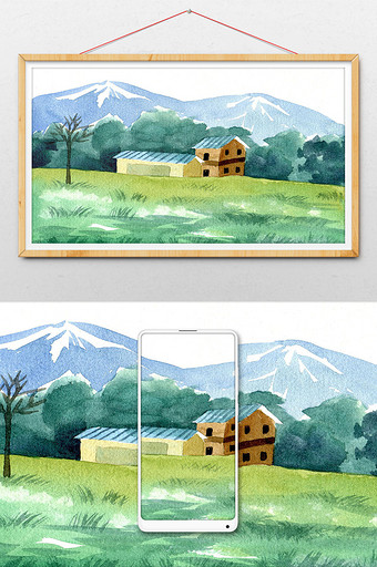 绿色清新山水水彩手绘扁平背景素材房屋图片