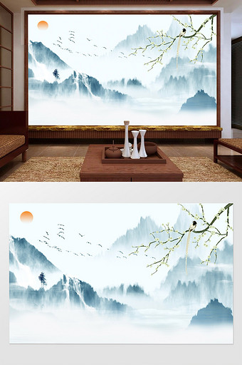 新中式云雾山水唯美意境电视背景墙图片