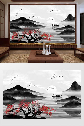 手绘中式水墨山水意境电视背景墙图片