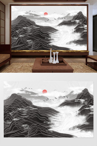 新中式手绘水墨山水电视背景墙图片