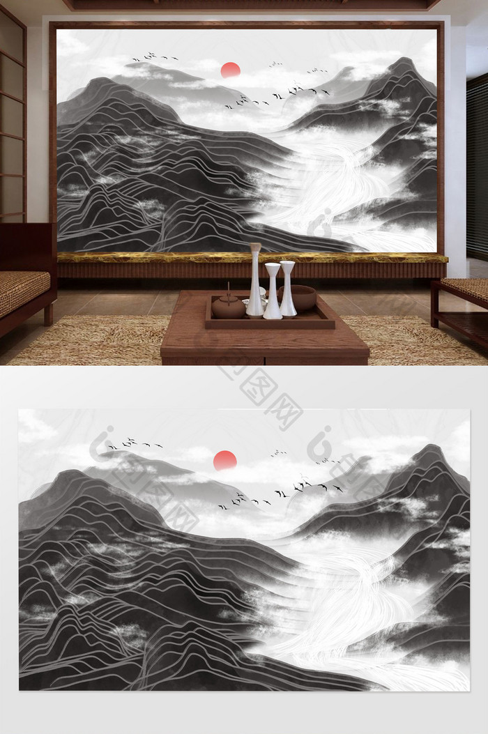 新中式手绘水墨山水电视背景墙