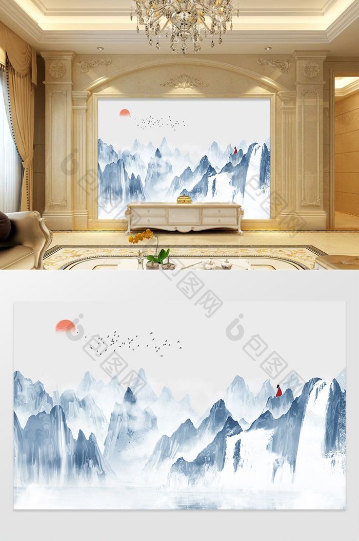 中式手绘新中式水墨禅意山水电视背景墙