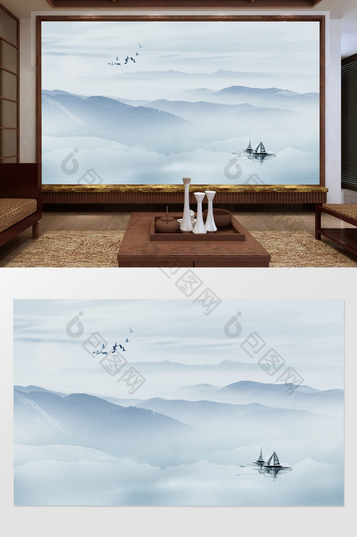 中式简约水墨意境山水电视机背景墙图片图片