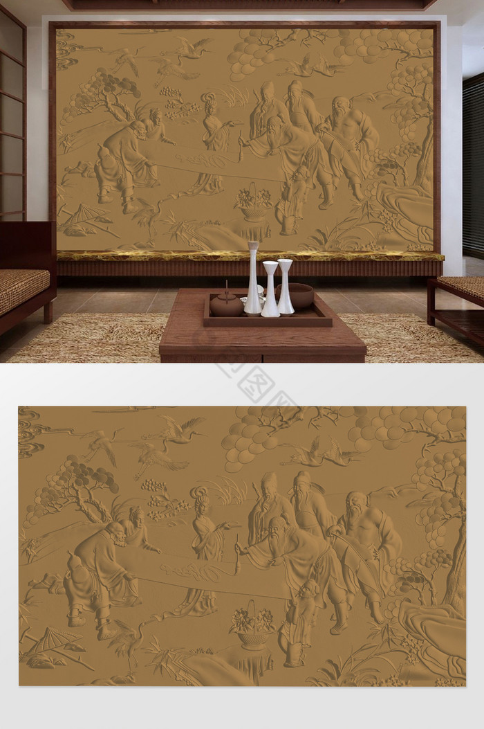 中式3D浮雕八仙贺寿砂岩电视背景墙图片