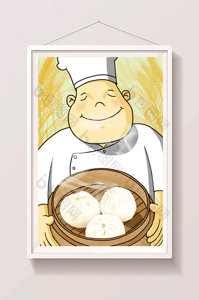 清新暖色卡通厨师包子插画
