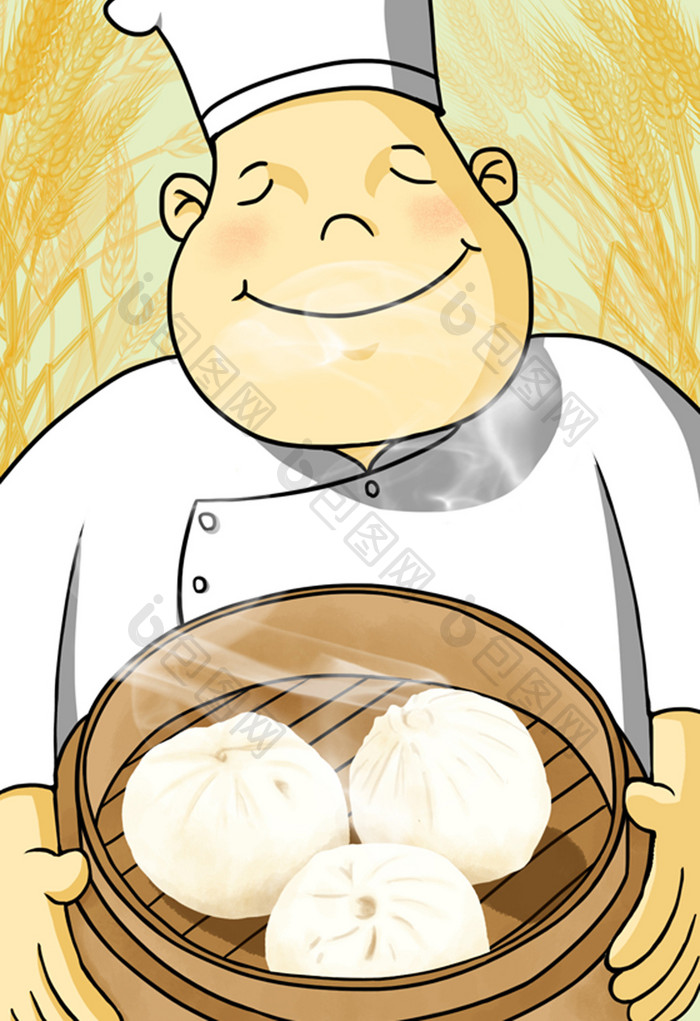 清新暖色卡通厨师包子插画