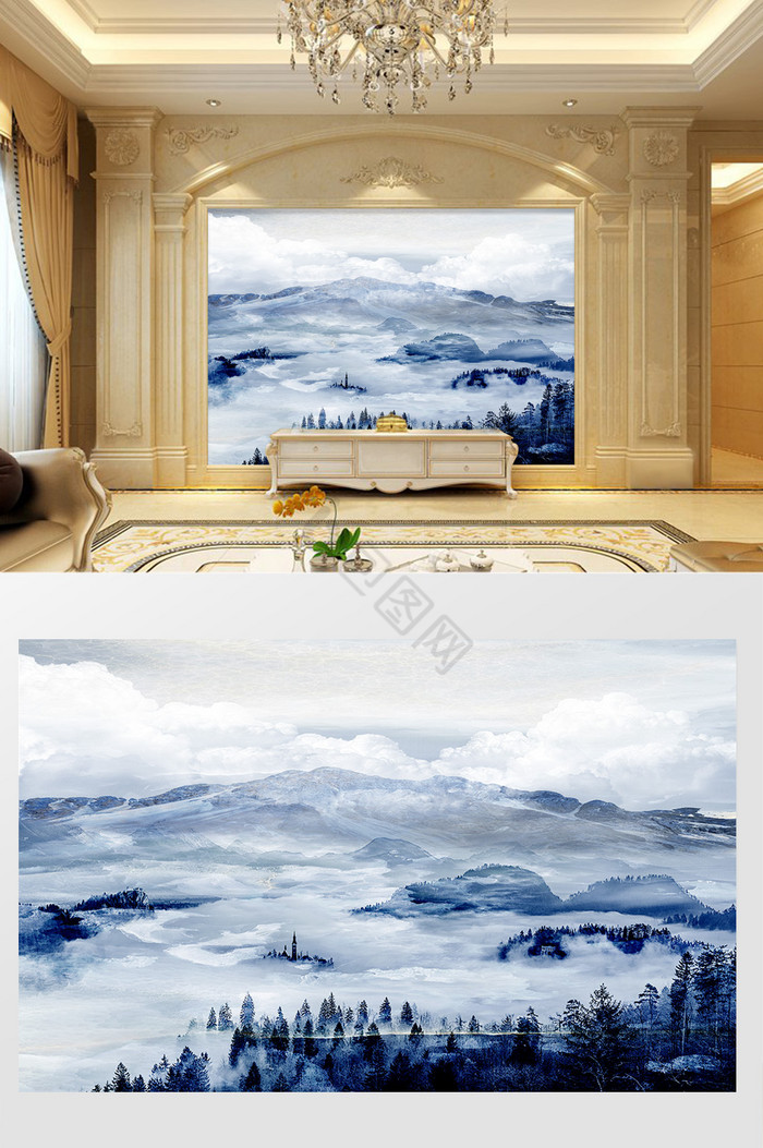 高清3D大理石纹花日出背景墙蓝色山河图片