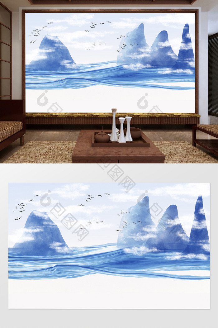新中式手绘水墨意境山水电视背景墙