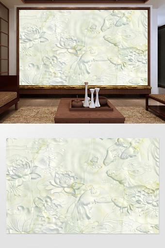 中国风大理石纹3D浮雕荷塘游鱼电视背景墙图片