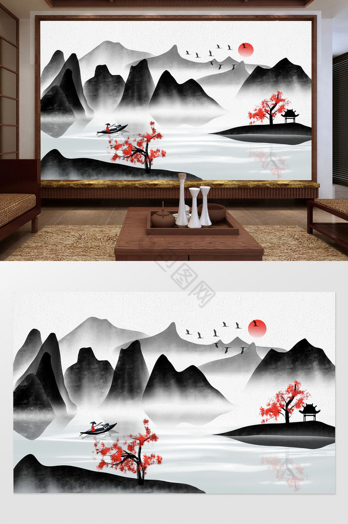 中式水墨意境山水电视背景墙图片