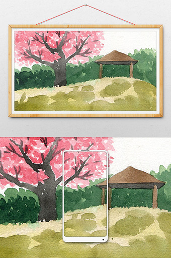 绿色粉红夏日手绘风景清新水彩背景素材图片