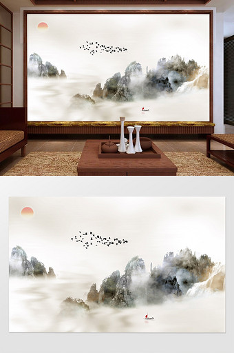 中式花鸟云雾山水森林电视背景墙定制图片