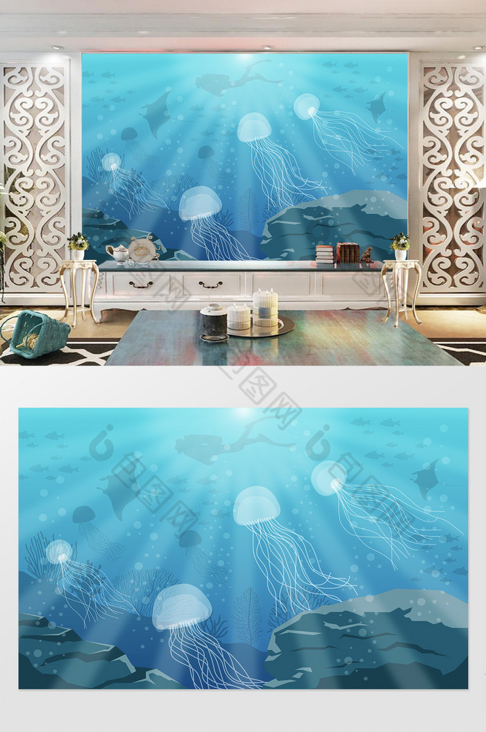 蓝色卡通水母海底世界儿童房背景墙