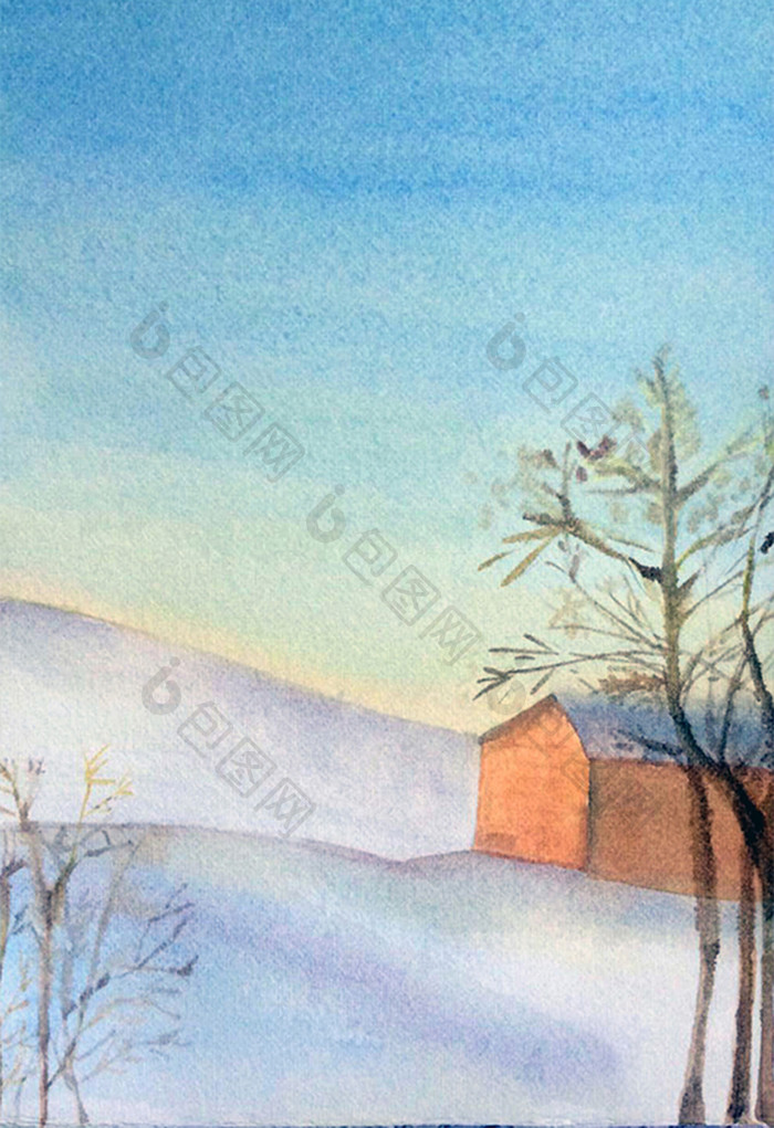 白的雪景手绘风景清新水彩背景素材