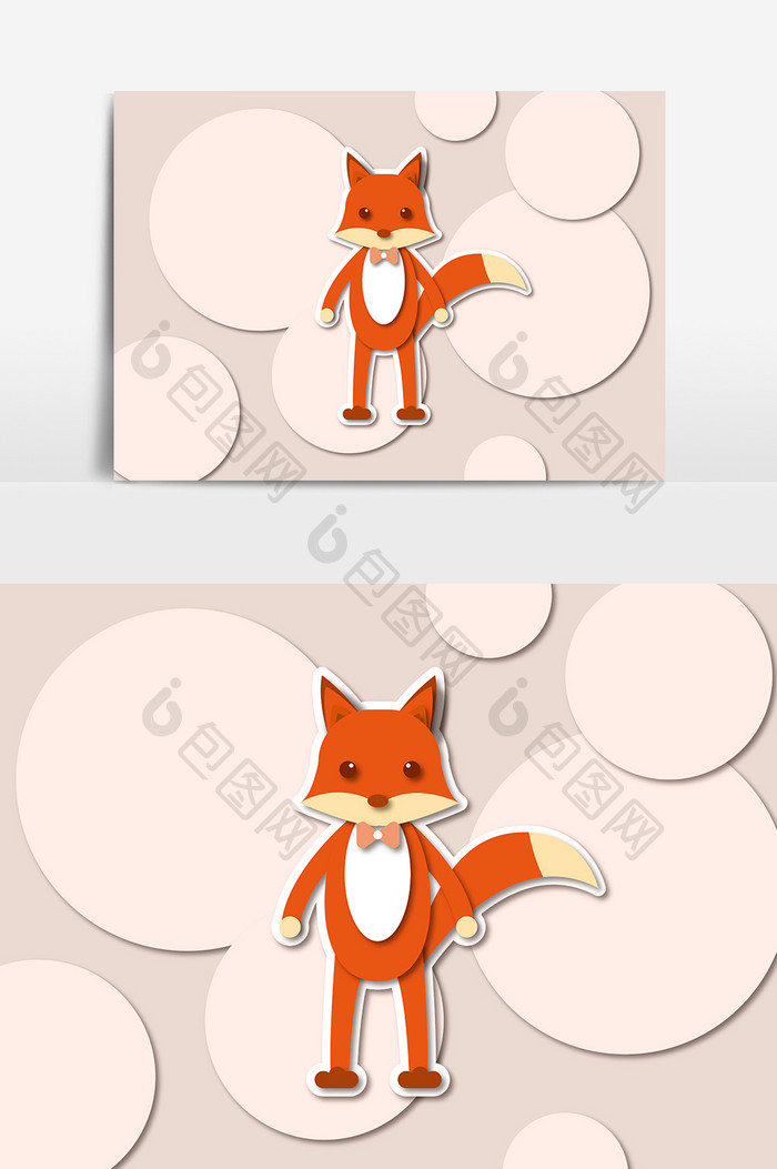 红色狐狸剪纸效果元素