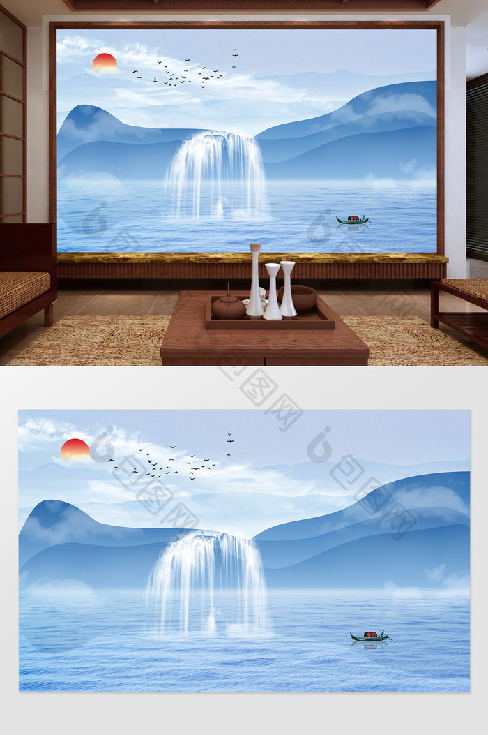 新中式瀑布山水风景电视背景墙