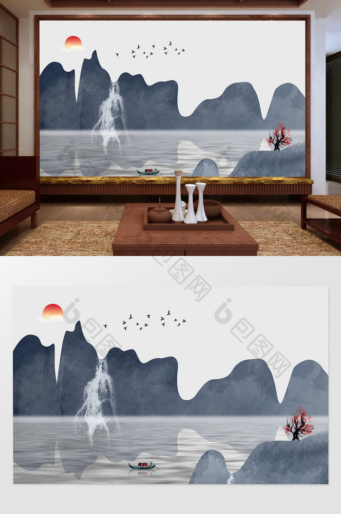 新中式禅意山水风景画电视背景墙
