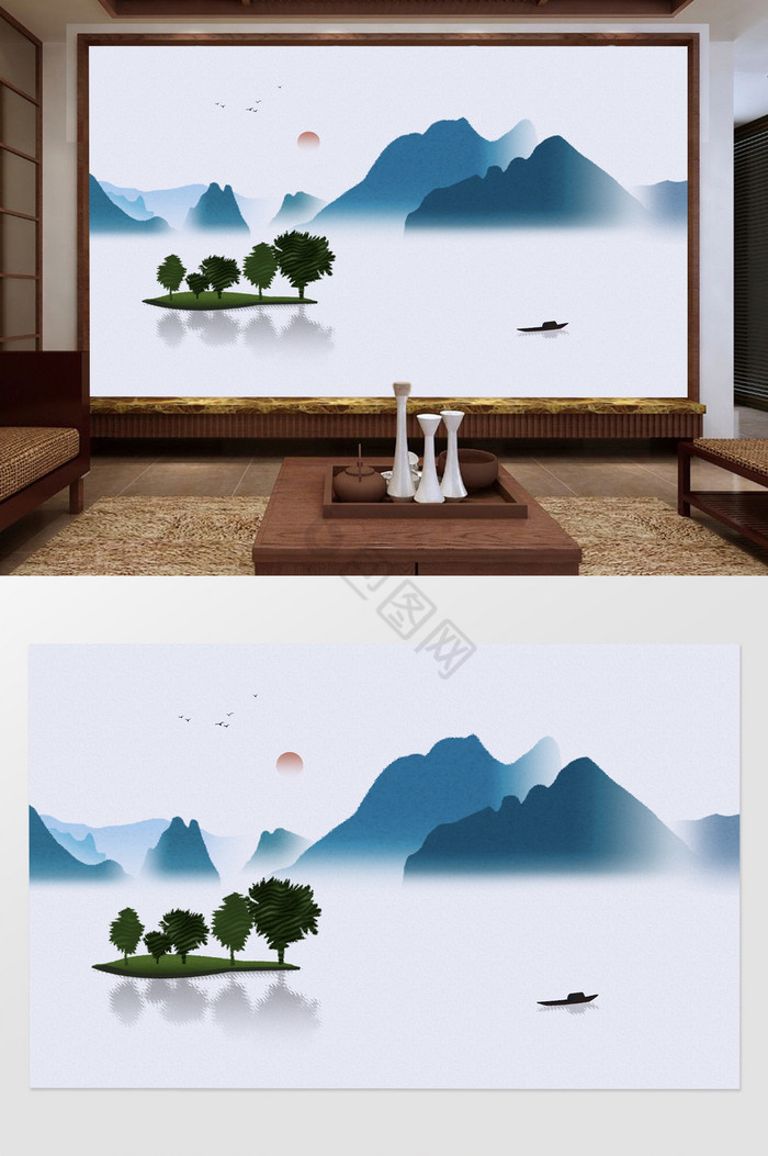 新中式静谧湖泊简约素雅电视背景墙定制图片