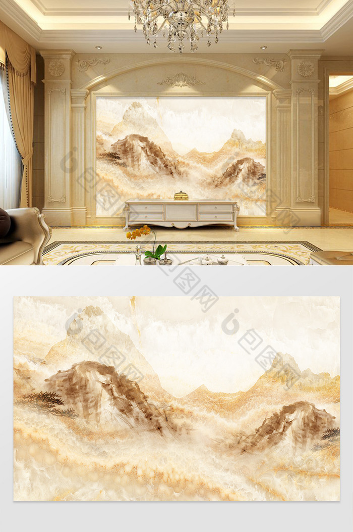 高清3D大理石纹山水花日出背景墙九州朦胧图片图片