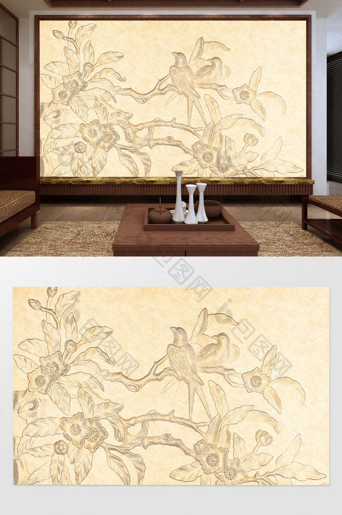 中国风3D浮雕花鸟砂岩电视背景墙