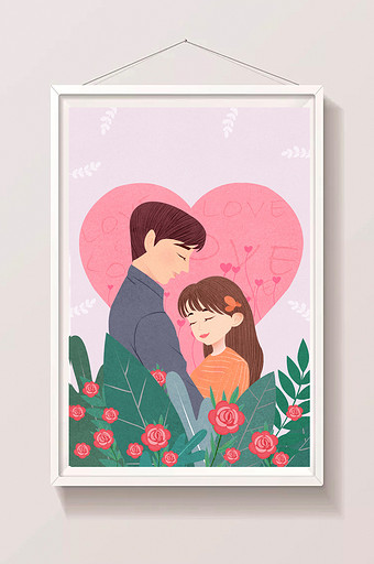 粉色绿色唯美浪漫风情侣爱情插画图片